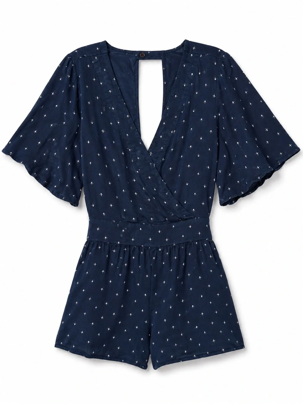O'Neill XL Navy Geo Print Viscose Open Back Romper Flutter Sleeve Boho